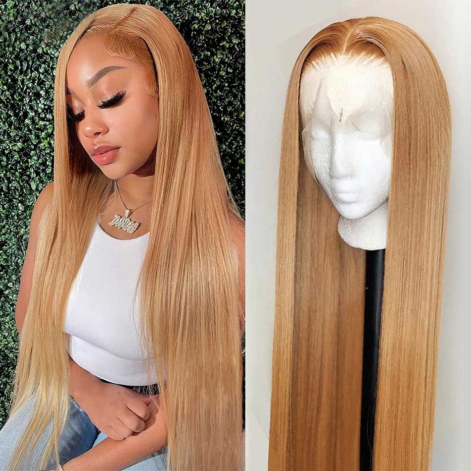 #27 Honey Blonde Human Hair Straight Transparent Lace 13x4 Full Frontal Wig